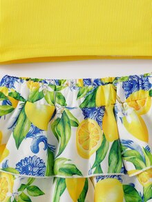 SHEIN 女童两件套时尚黄色交叉吊带背心+柠檬印花泡泡裙套装，时尚休闲沙滩夏季套装 - 黃色 - 查看 6