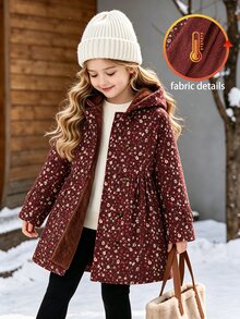 Souflis Souflis 女童冬季外套，酒紅色小碎花圖案，保暖內裡，連帽雙排扣時尚長袖夾克，可愛田園風 - 酒紅色 - 查看 9