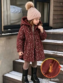 Souflis Souflis 女童冬季外套，酒紅色小碎花圖案，保暖內裡，連帽雙排扣時尚長袖夾克，可愛田園風 - 酒紅色 - 查看 8
