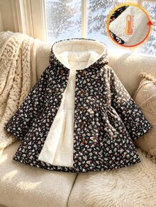 SHEIN 女童碎花連帽外套，雙排鈕扣門襟，中長版 A 字版型，連帽收口長袖冬季大衣，適合日常穿著 - 黑色 - 查看 8