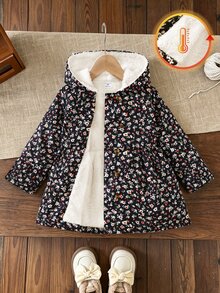SHEIN 女童碎花連帽外套，雙排鈕扣門襟，中長版 A 字版型，連帽收口長袖冬季大衣，適合日常穿著 - 黑色 - 查看 5