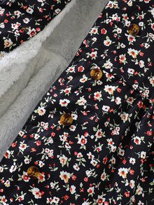 SHEIN 女童碎花連帽外套，雙排鈕扣門襟，中長版 A 字版型，連帽收口長袖冬季大衣，適合日常穿著 - 黑色 - 查看 10