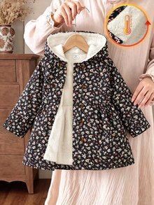 SHEIN 女童碎花連帽外套，雙排鈕扣門襟，中長版 A 字版型，連帽收口長袖冬季大衣，適合日常穿著 - 黑色 - 查看 9