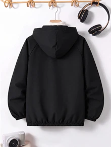 SHEIN Coolqubz 1件青少年男孩休閒極簡街頭連帽長袖夾克，裝飾性多功能口袋，時尚實用，休閒設計，適合夏季穿著，適合男孩日常穿著、運動、外出、校園等，秋季 - 黑色 - 查看 2