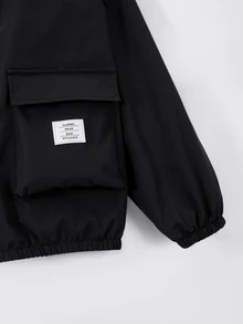 SHEIN Coolqubz 1件青少年男孩休閒極簡街頭連帽長袖夾克，裝飾性多功能口袋，時尚實用，休閒設計，適合夏季穿著，適合男孩日常穿著、運動、外出、校園等，秋季 - 黑色 - 查看 5