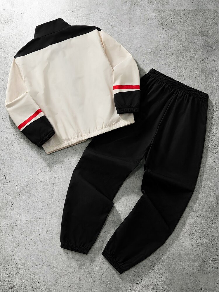 2pcs/Set Boys Big Kids Casual Streetwear Slogan Print Patchwork Long Sleeve Zip-Up Cardigan Jacket And Pants Set, Suitable For Spring/Autumn Daily Casual Wear, Suitable For Autumn/Winter Wear, Comfortable Fabric, Fashionable Fit, Spring/Summer New Style, Suitable For Multiple Seasons And Occasions - Black - View 2