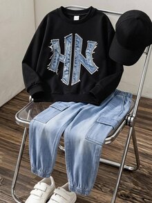 男童休閒款圓領長袖衛衣與束口工裝長褲套裝 - 彩色 - 查看 2