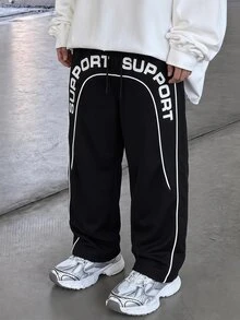 Boys' Minimalist Fashionable Streetwear Fleece Contrast Color Webbing Decor Large Pocket Loose Straight Leg Cargo Pants Black Suitable For Autumn/Winter - Black - View 3