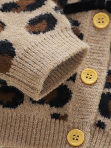 SHEIN Baby Girl Beige Cute Leopard Print Round Neck Knitted Cardigan, Bow Decor Front Button Short Sweater Jacket, 1st Birthday Club Outfit Infant Autumn - Multicolor - View 3