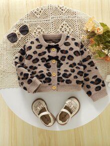 SHEIN Baby Girl Beige Cute Leopard Print Round Neck Knitted Cardigan, Bow Decor Front Button Short Sweater Jacket, 1st Birthday Club Outfit Infant Autumn - Multicolor - View 6