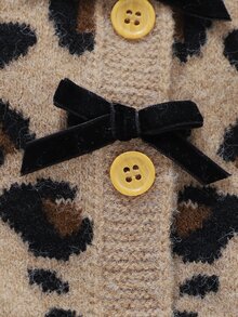 SHEIN Baby Girl Beige Cute Leopard Print Round Neck Knitted Cardigan, Bow Decor Front Button Short Sweater Jacket, 1st Birthday Club Outfit Infant Autumn - Multicolor - View 5