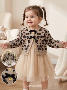 SHEIN Baby Girl Beige Cute Leopard Print Round Neck Knitted Cardigan, Bow Decor Front Button Short Sweater Jacket, 1st Birthday Club Outfit Infant Autumn - Multicolor - View 4