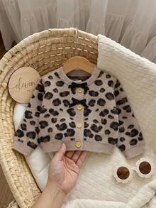 SHEIN Baby Girl Beige Cute Leopard Print Round Neck Knitted Cardigan, Bow Decor Front Button Short Sweater Jacket, 1st Birthday Club Outfit Infant Autumn - Multicolor - View 9