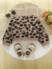 SHEIN Baby Girl Beige Cute Leopard Print Round Neck Knitted Cardigan, Bow Decor Front Button Short Sweater Jacket, 1st Birthday Club Outfit Infant Autumn - Multicolor - View 2