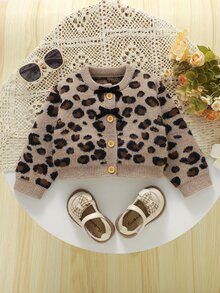 SHEIN Baby Girl Beige Cute Leopard Print Round Neck Knitted Cardigan, Bow Decor Front Button Short Sweater Jacket, 1st Birthday Club Outfit Infant Autumn - Multicolor - View 8