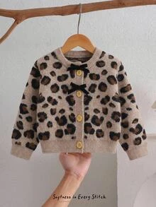 SHEIN Baby Girl Beige Cute Leopard Print Round Neck Knitted Cardigan, Bow Decor Front Button Short Sweater Jacket, 1st Birthday Club Outfit Infant Autumn - Multicolor - View 1