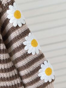Young Girl Striped 3D Daisy Decor Sweater Dress Autumn Winter - Brown - View 4