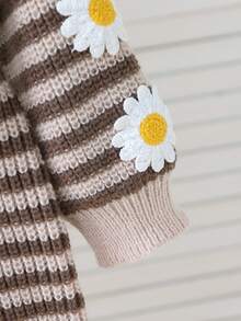 Young Girl Striped 3D Daisy Decor Sweater Dress Autumn Winter - Brown - View 5