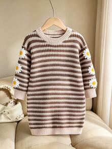 Young Girl Striped 3D Daisy Decor Sweater Dress Autumn Winter - Brown - View 8