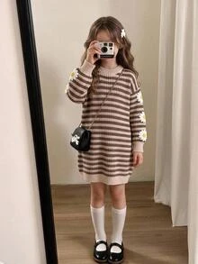 Young Girl Striped 3D Daisy Decor Sweater Dress Autumn Winter - Brown - View 7