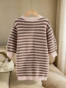 Young Girl Striped 3D Daisy Decor Sweater Dress Autumn Winter - Brown - View 2