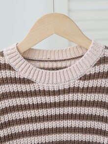 Young Girl Striped 3D Daisy Decor Sweater Dress Autumn Winter - Brown - View 3