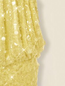 SHEIN ICON Glittering Sequin High Neck Backless Ruched Bodycon Mini Dress Club Party Yellow Summer Sexy - Light Yellow - View 6