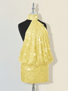 SHEIN ICON Glittering Sequin High Neck Backless Ruched Bodycon Mini Dress Club Party Yellow Summer Sexy - Light Yellow - View 5