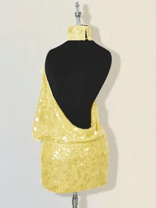 SHEIN ICON Glittering Sequin High Neck Backless Ruched Bodycon Mini Dress Club Party Yellow Summer Sexy - Light Yellow - View 7