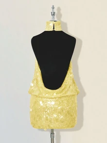 SHEIN ICON Glittering Sequin High Neck Backless Ruched Bodycon Mini Dress Club Party Yellow Summer Sexy - Light Yellow - View 2