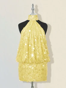 SHEIN ICON Glittering Sequin High Neck Backless Ruched Bodycon Mini Dress Club Party Yellow Summer Sexy - Light Yellow - View 3