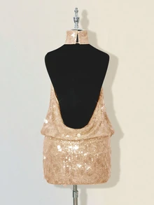 SHEIN ICON Glittering Sequin High Neck Backless Ruched Bodycon Mini Dress,Summer Dresses For Women - Apricot - View 2