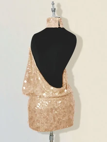 SHEIN ICON Glittering Sequin High Neck Backless Ruched Bodycon Mini Dress,Summer Dresses For Women - Apricot - View 7