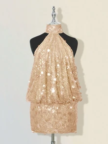 SHEIN ICON Glittering Sequin High Neck Backless Ruched Bodycon Mini Dress,Summer Dresses For Women - Apricot - View 3