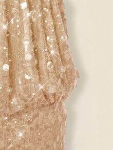 SHEIN ICON Glittering Sequin High Neck Backless Ruched Bodycon Mini Dress,Summer Dresses For Women - Apricot - View 6