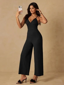 HautHeat Women's Solid Color Casual Daily Wear Home Loungewear Spaghetti Strap Jumpsuit - Black - View 3