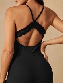 HautHeat Women's Solid Color Casual Daily Wear Home Loungewear Spaghetti Strap Jumpsuit - Black - View 4