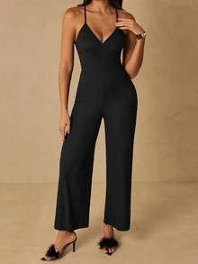HautHeat Women's Solid Color Casual Daily Wear Home Loungewear Spaghetti Strap Jumpsuit - Black - View 5
