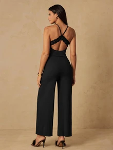 HautHeat Women's Solid Color Casual Daily Wear Home Loungewear Spaghetti Strap Jumpsuit - Black - View 2