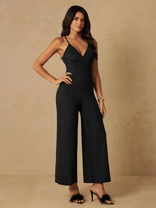 HautHeat Women's Solid Color Casual Daily Wear Home Loungewear Spaghetti Strap Jumpsuit - Black - View 6