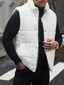 Manfinity Homme 男士淺米色冬季休閒輕量棉質背心，保暖無袖棉外套，男士戶外毛茸茸背心，秋季 - 白色 - 查看 5