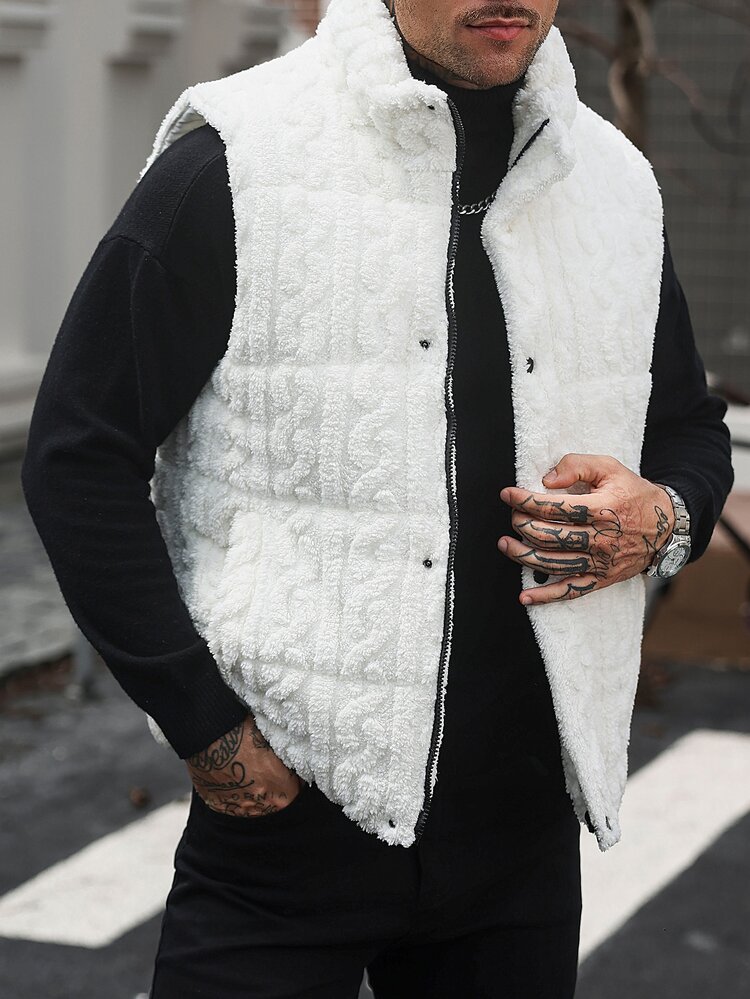 Manfinity CasualCool Men's Light Beige Winter Casual Lightweight Cotton Vest, Warm Sleeveless Cotton Jacket, Men's Outdoor Fluffy Vest, Autumn - White - View 5