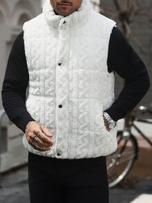 Manfinity Homme 男士淺米色冬季休閒輕量棉質背心，保暖無袖棉外套，男士戶外毛茸茸背心，秋季 - 白色 - 查看 4
