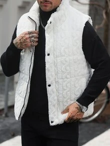 Manfinity Homme 男士淺米色冬季休閒輕量棉質背心，保暖無袖棉外套，男士戶外毛茸茸背心，秋季 - 白色 - 查看 6