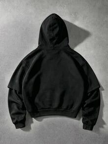 Manfinity EMRG 男士 2 合 1 拼接休閒日常連帽衛衣 - 黑色 - 查看 5