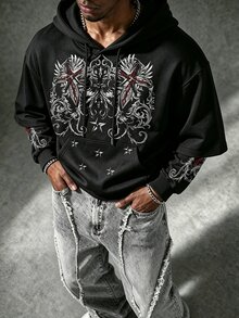 Manfinity EMRG 男士 2 合 1 拼接休閒日常連帽衛衣 - 黑色 - 查看 3