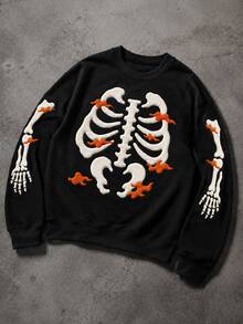 Manfinity EMRG Áo nỉ nam Halloween in hình bộ xương nổi, cổ tròn chui đầu cho tiệc tùng và thời trang đường phố, phong cách mùa thu mới - màu đen - Xem 5
