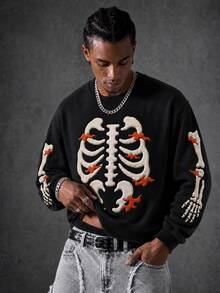Manfinity EMRG Áo nỉ nam Halloween in hình bộ xương nổi, cổ tròn chui đầu cho tiệc tùng và thời trang đường phố, phong cách mùa thu mới - màu đen - Xem 3