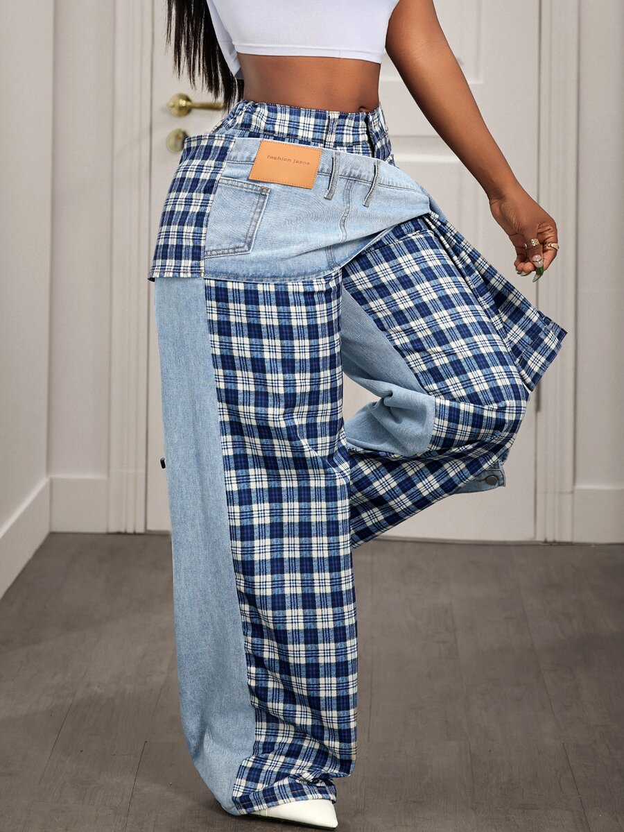 BamGleam Women's High Waist Side Knot Plaid Wide Leg Loose Casual Jeans - Black - View 1