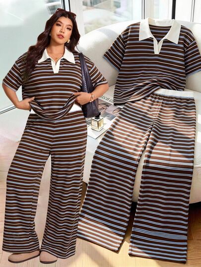 Elaquor Plus Size Summer Casual Traditional Alternative 90s 70's 80s Chocolate Brown T-Shirt Pants 2 Pieces Set Back-To-School Bussines Office Rodeo Vacation